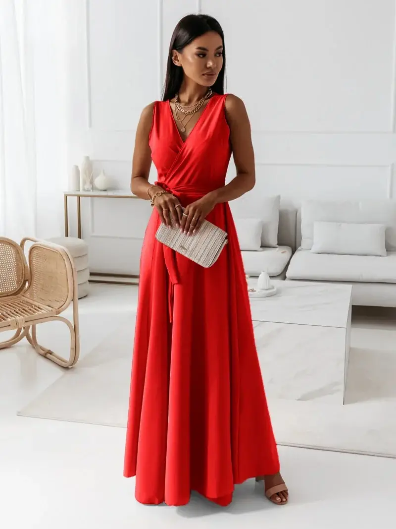 Women Long Skirt Dress Maroon Belted Solid Color — feature 25