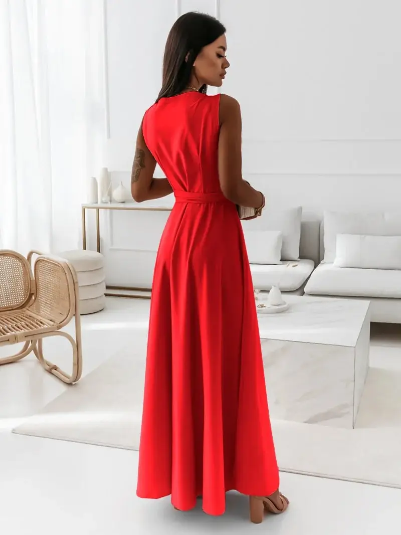 Women Long Skirt Dress Maroon Belted Solid Color — feature 27