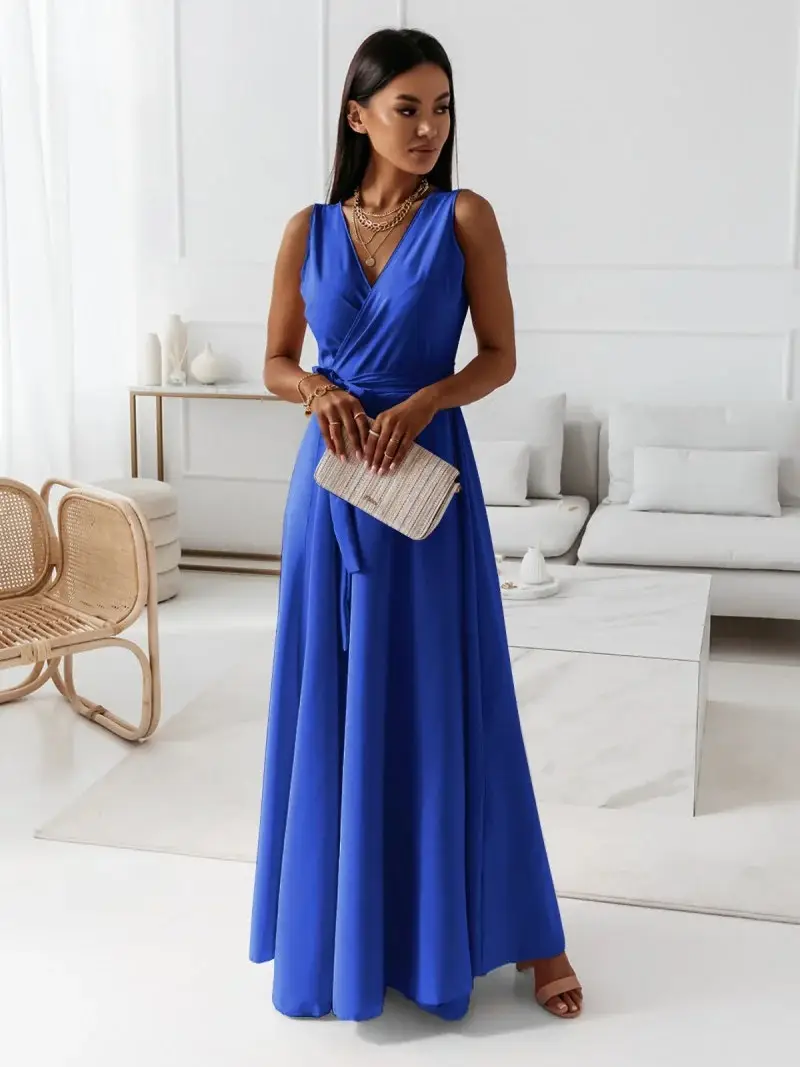 Women Long Skirt Dress Maroon Belted Solid Color — feature 28
