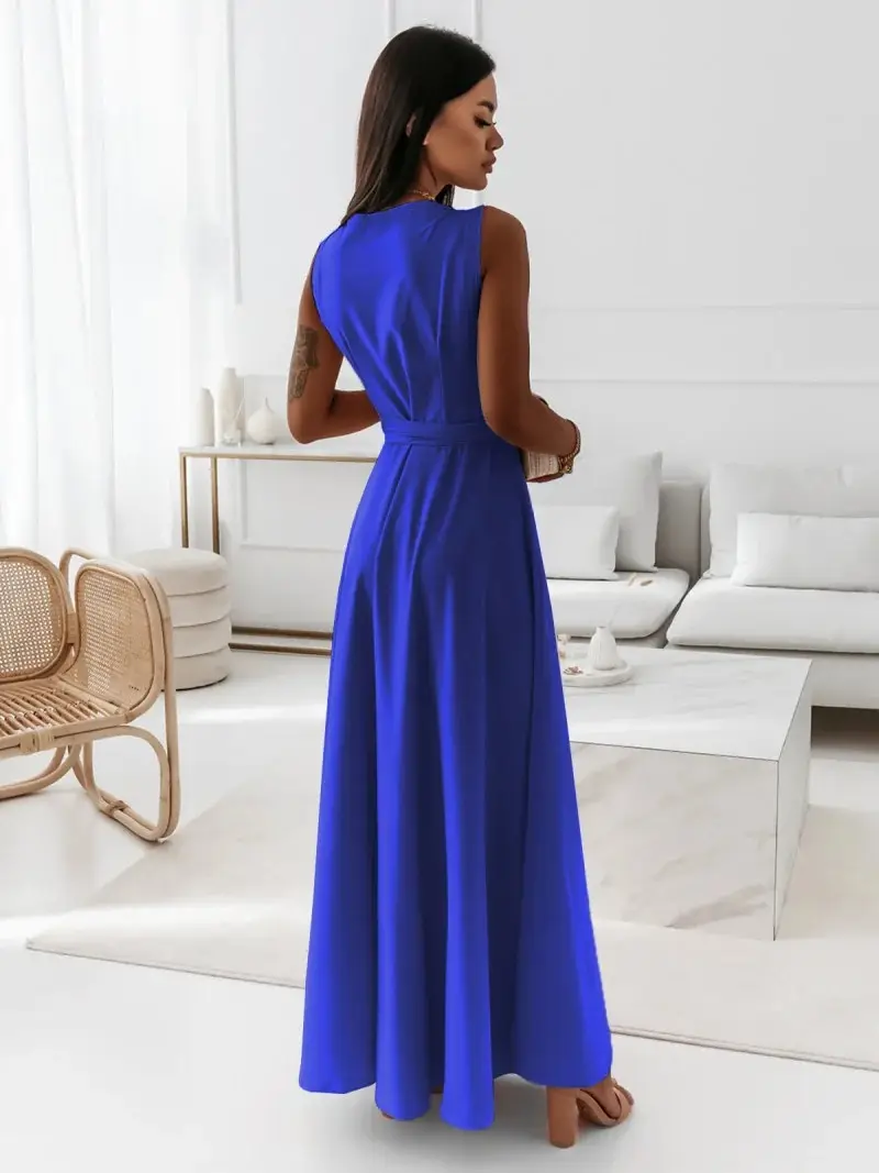 Women Long Skirt Dress Maroon Belted Solid Color — feature 29