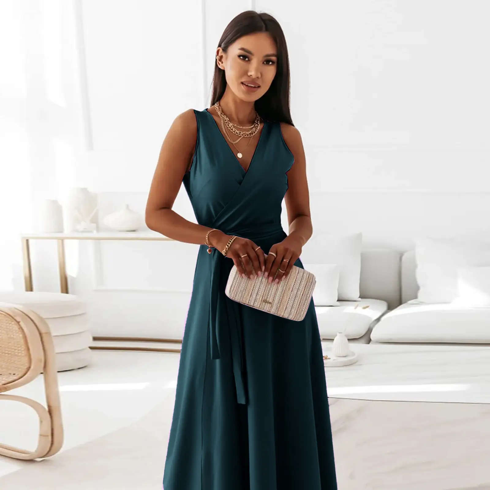 Women Long Skirt Dress Maroon Belted Solid Color — feature 9