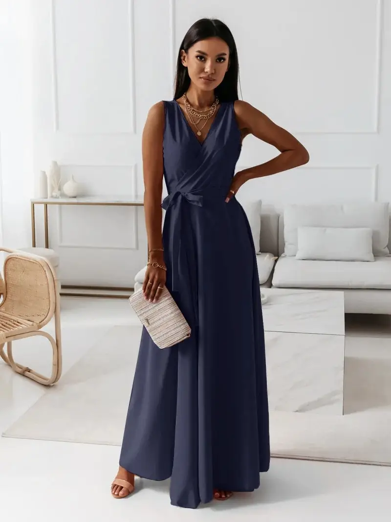 Women Long Skirt Dress Maroon Belted Solid Color - Image 5
