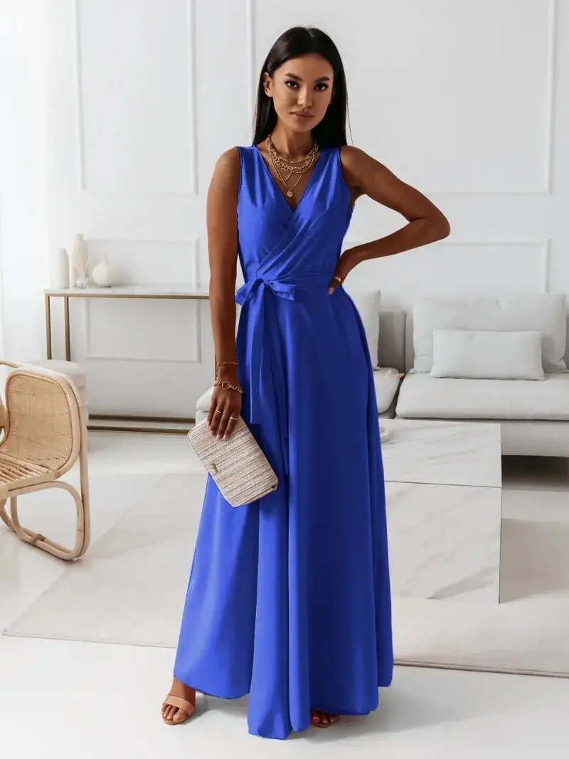 Women Long Skirt Dress Maroon Belted Solid Color - Image 6