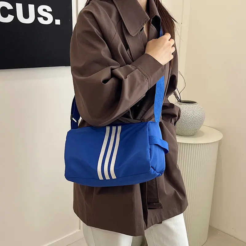 Blue Striped Nylon Fitness Bag for Women Large Capacity