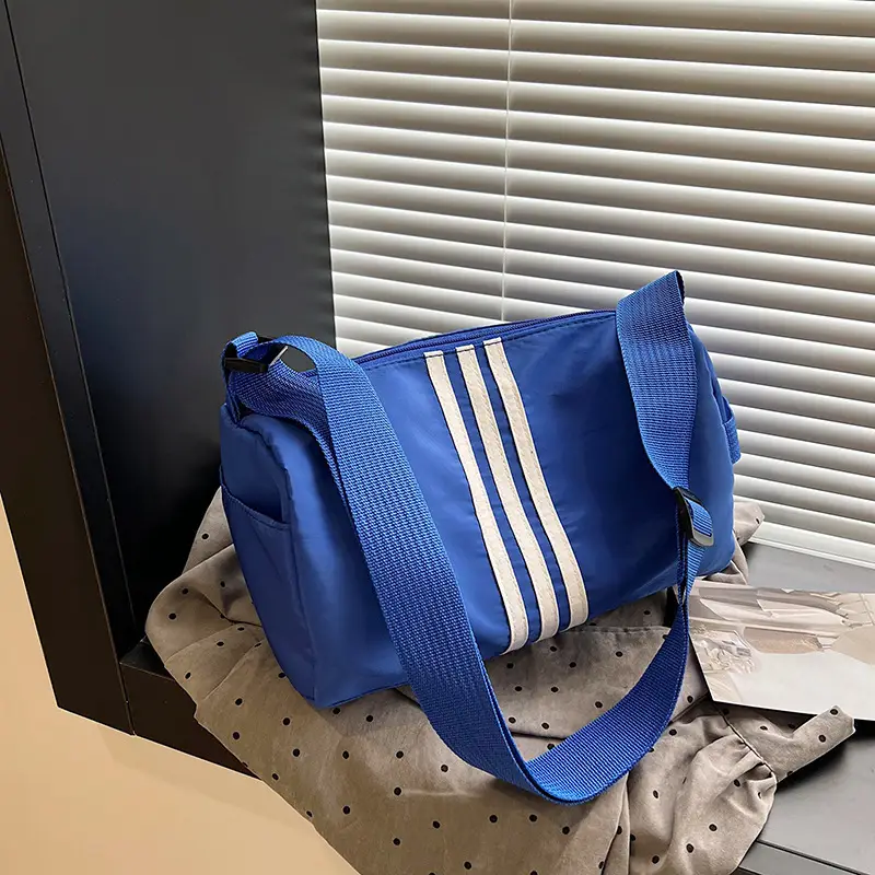 Blue Striped Nylon Fitness Bag for Women Large Capacity