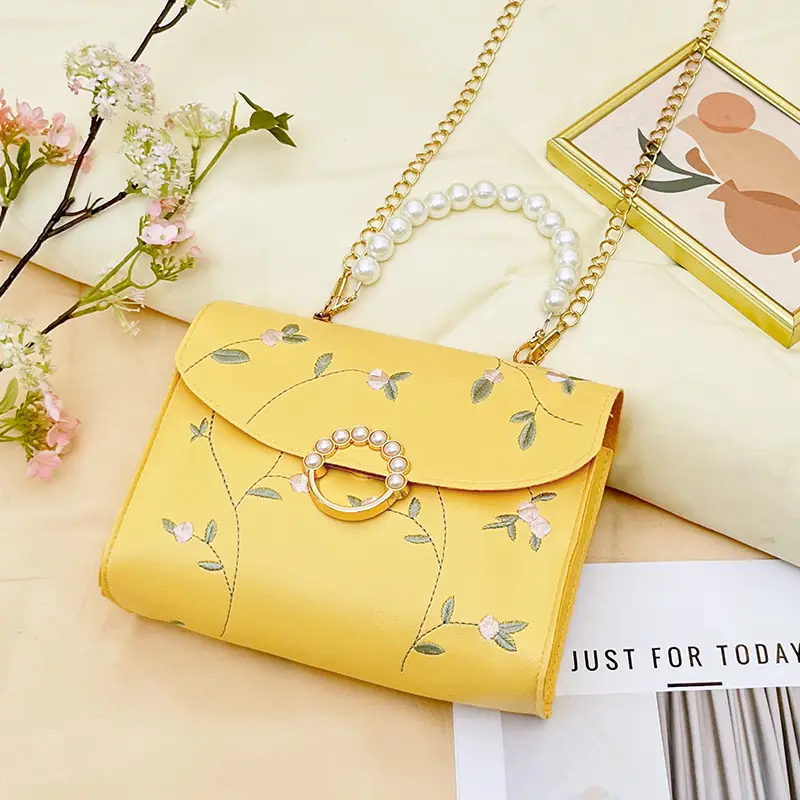 Yellow Pearl Chain Handbag for Women - Image 4