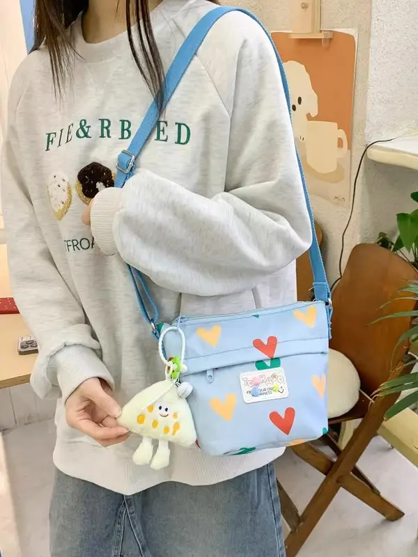 Cute Canvas Crossbody Bag for Women Pink Heart Design - Image 14