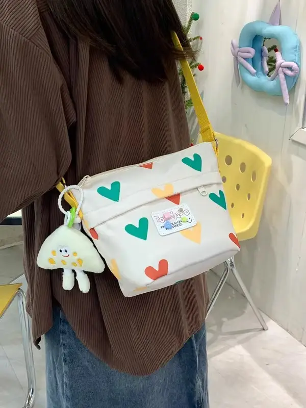Cute Canvas Crossbody Bag for Women Pink Heart Design - Image 15