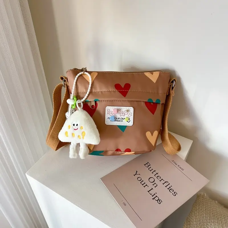 Cute Canvas Crossbody Bag for Women Pink Heart Design - Image 11