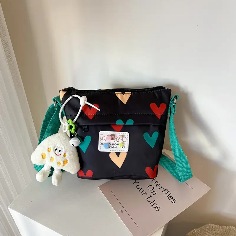 Cute Canvas Crossbody Bag for Women Pink Heart Design - Image 2