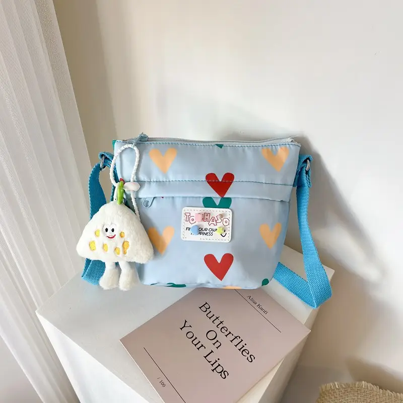Cute Canvas Crossbody Bag for Women Pink Heart Design - Image 3