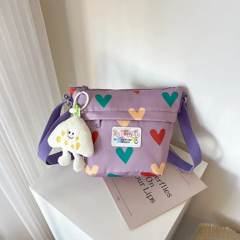 Cute Canvas Crossbody Bag for Women Pink Heart Design - Image 5
