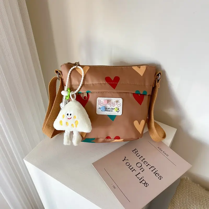 Cute Canvas Crossbody Bag for Women Pink Heart Design - Image 6