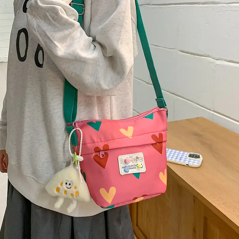 Cute Canvas Crossbody Bag for Women Pink Heart Design - Image 7