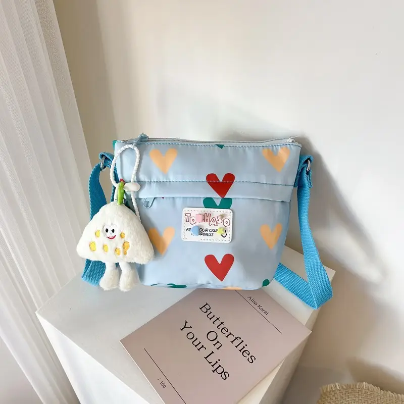 Cute Canvas Crossbody Bag for Women Pink Heart Design - Image 8