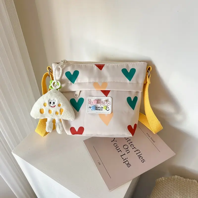 Cute Canvas Crossbody Bag for Women Pink Heart Design - Image 9