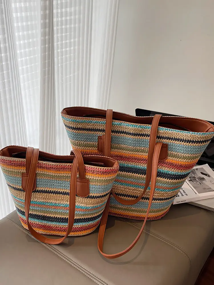 Women Straw Handbag Set Multi Color Beach Tote
