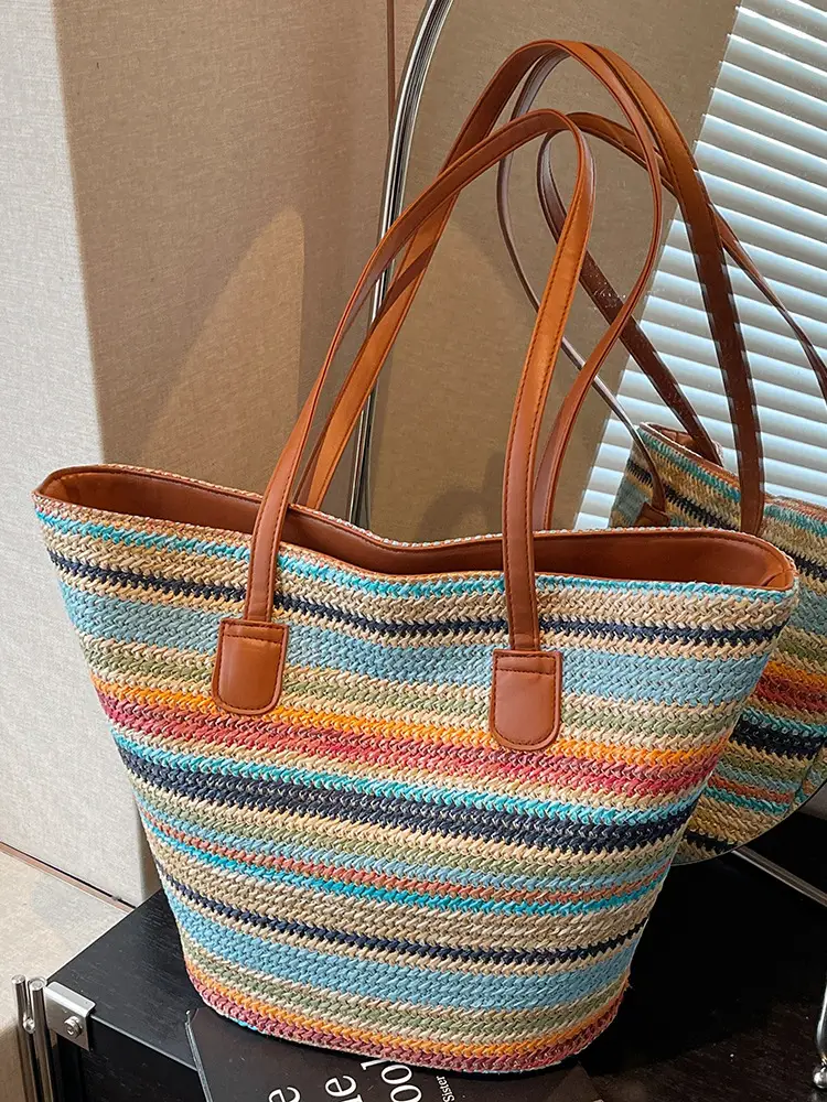 Women Straw Handbag Set Multi Color Beach Tote