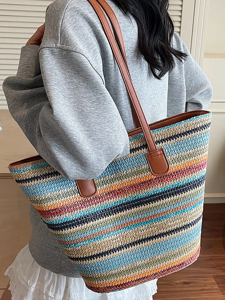 Women Straw Handbag Set Multi Color Beach Tote