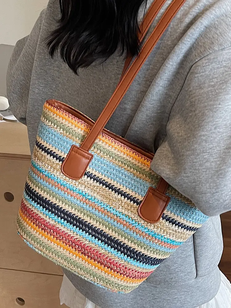 Women Straw Handbag Set Multi Color Beach Tote