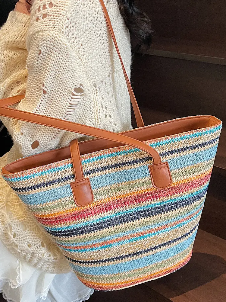Women Straw Handbag Set Multi Color Beach Tote