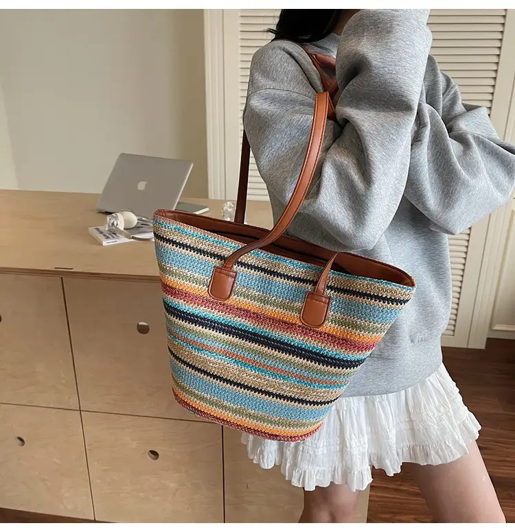 Women Straw Handbag Set Multi Color Beach Tote — feature 10