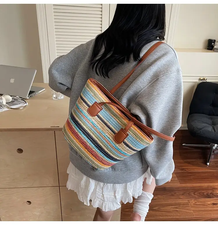 Women Straw Handbag Set Multi Color Beach Tote — feature 11