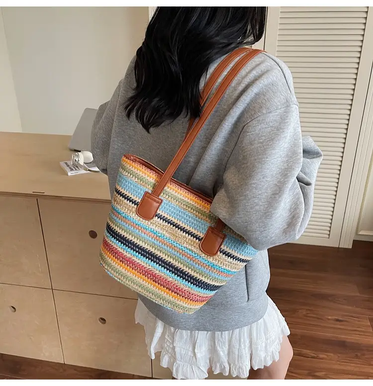 Women Straw Handbag Set Multi Color Beach Tote — feature 12