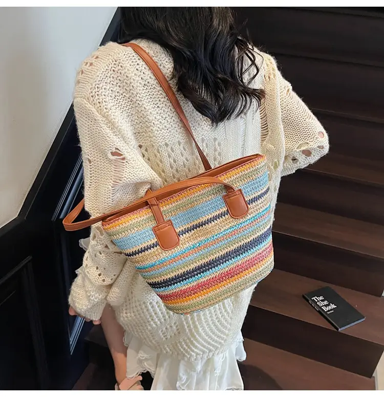 Women Straw Handbag Set Multi Color Beach Tote — feature 13