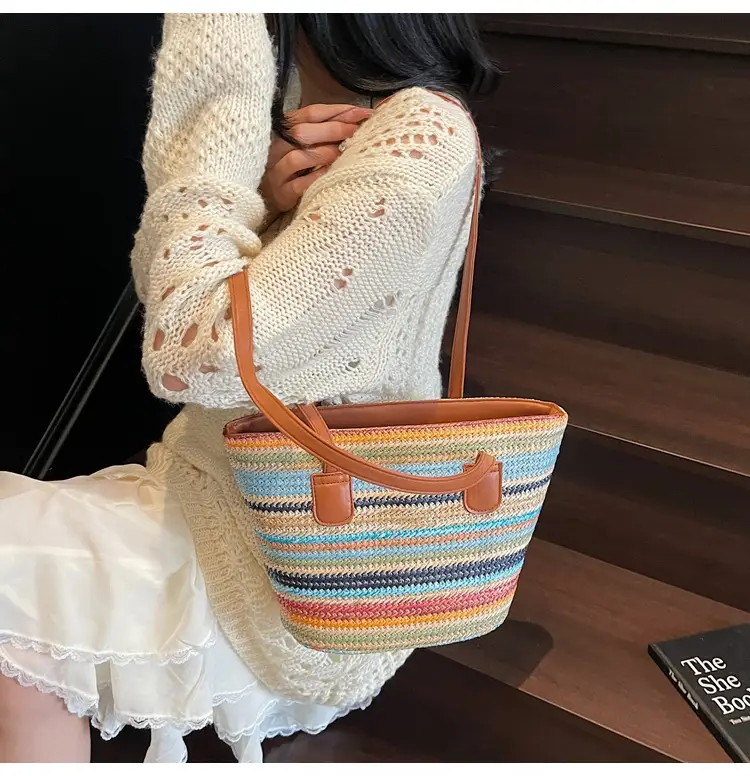 Women Straw Handbag Set Multi Color Beach Tote — feature 14
