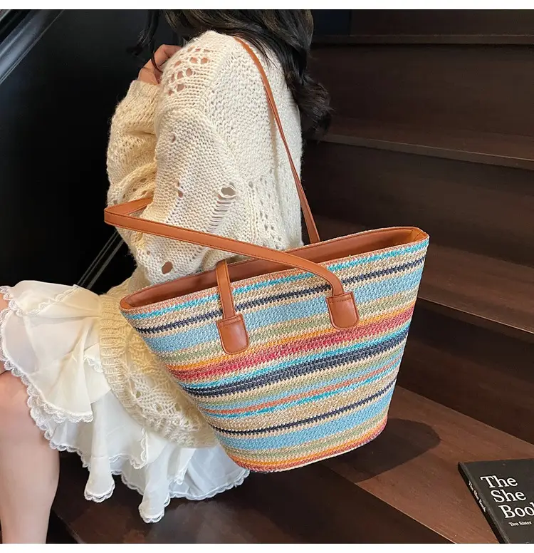 Women Straw Handbag Set Multi Color Beach Tote — feature 15