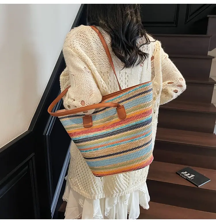 Women Straw Handbag Set Multi Color Beach Tote — feature 16