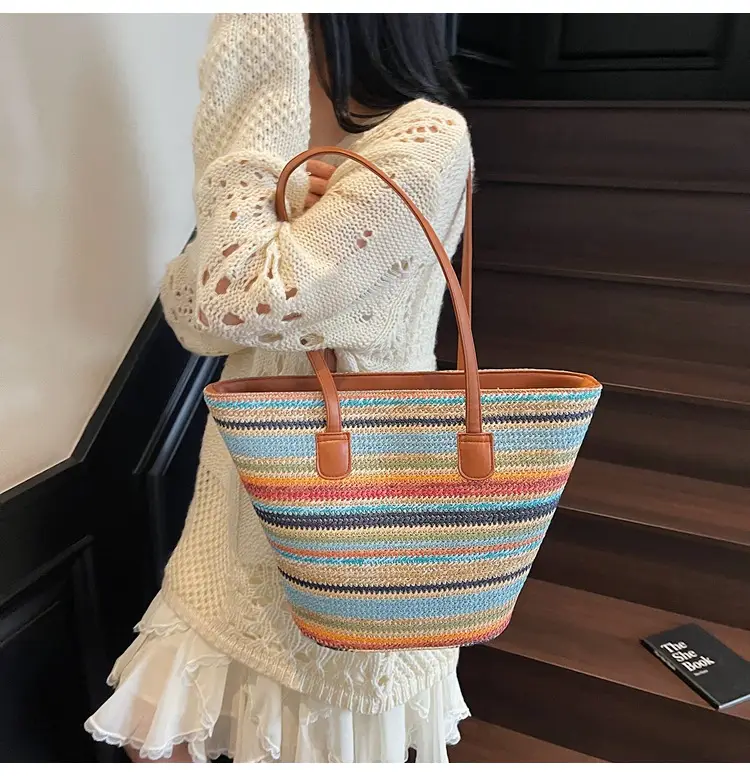 Women Straw Handbag Set Multi Color Beach Tote — feature 17