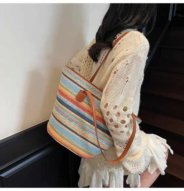 Women Straw Handbag Set Multi Color Beach Tote — feature 18