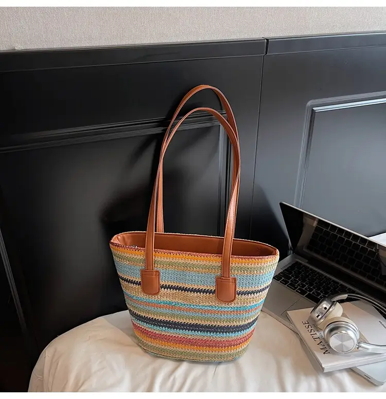 Women Straw Handbag Set Multi Color Beach Tote — feature 19