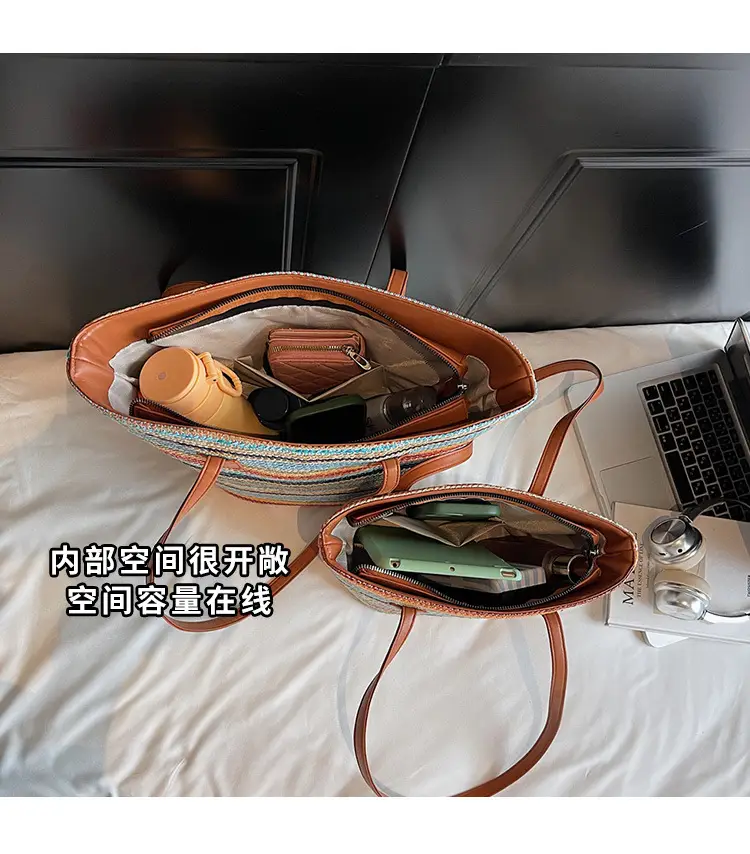 Women Straw Handbag Set Multi Color Beach Tote — feature 7
