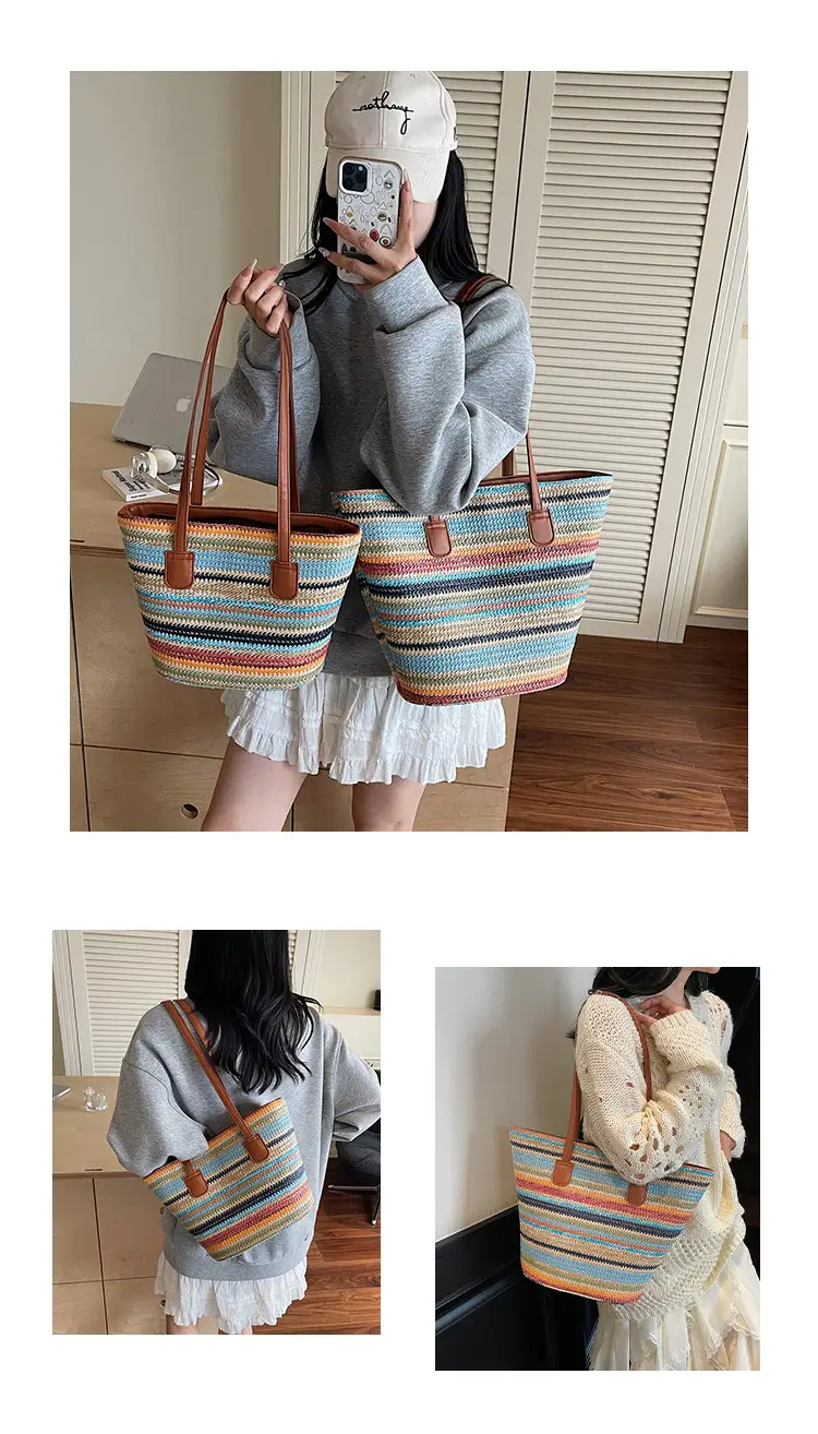 Women Straw Handbag Set Multi Color Beach Tote — feature 8