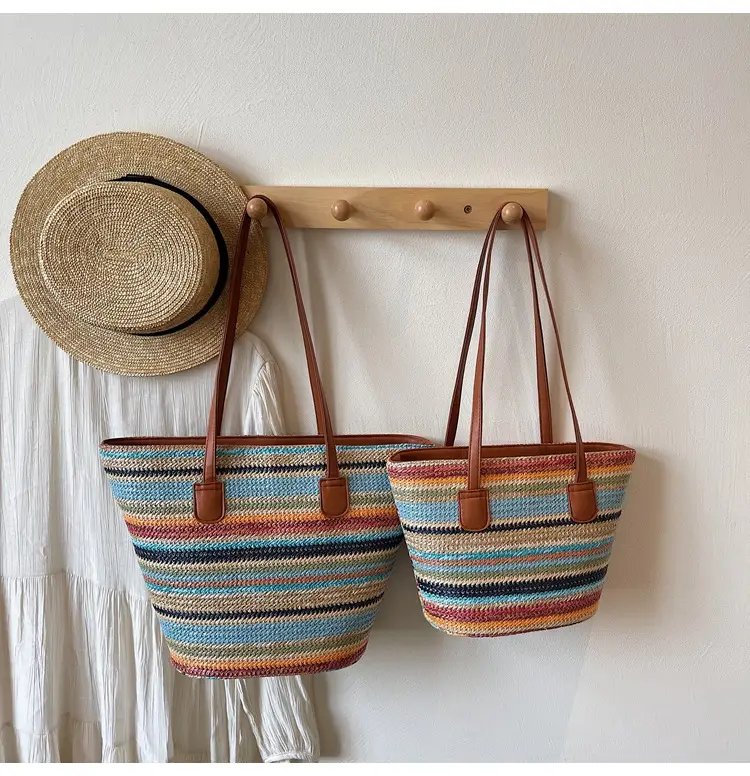 Women Straw Handbag Set Multi Color Beach Tote — feature 9
