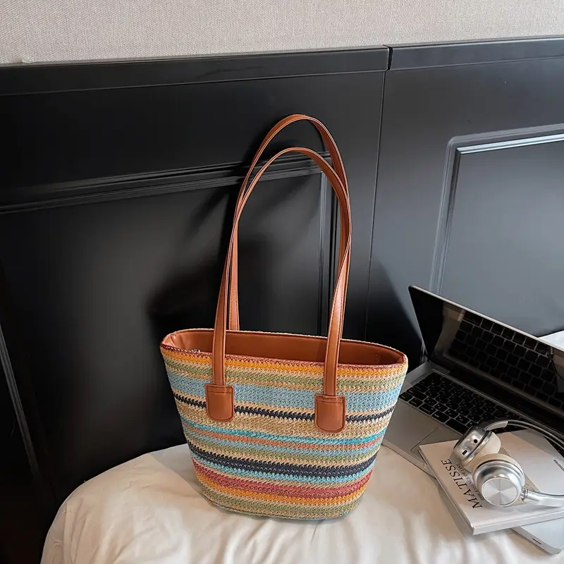 Women Straw Handbag Set Multi Color Beach Tote
