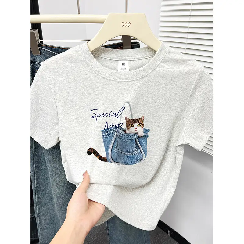 Kitten Print Round Neck Short-Sleeved T-Shirt for Women Summer New Korean Style Work Clothing Fashion Slim Right Shoulder Top for Small People