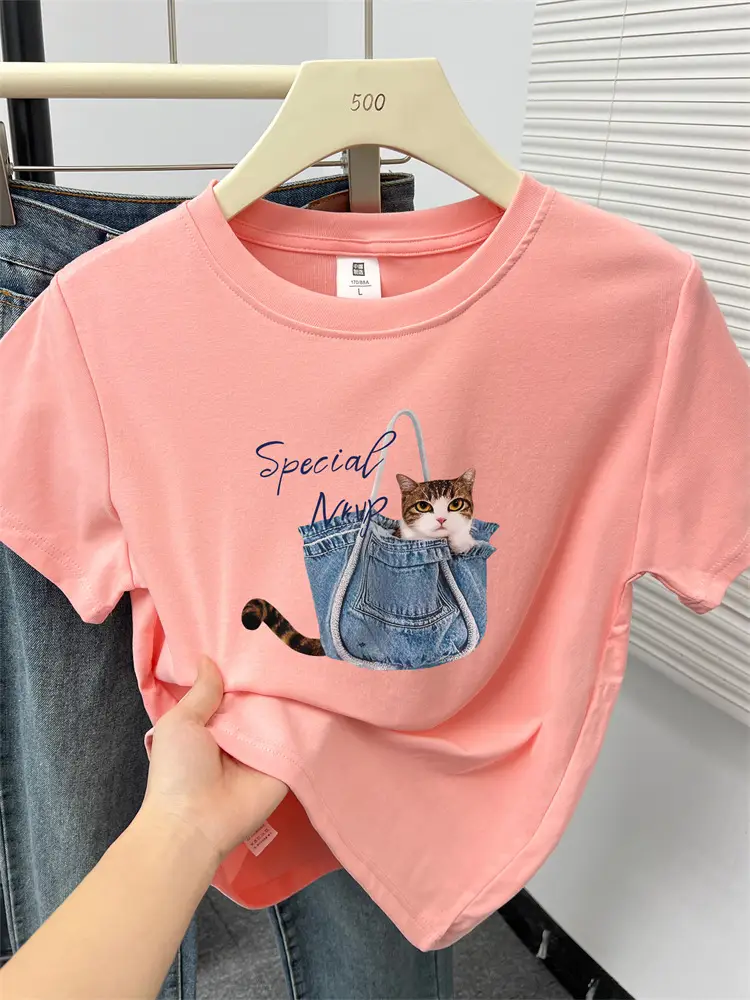 Kitten Print Round Neck Short-Sleeved T-Shirt for Women Summer New Korean Style Work Clothing Fashion Slim Right Shoulder Top for Small People — feature 12