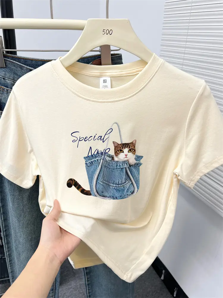 Kitten Print Round Neck Short-Sleeved T-Shirt for Women Summer New Korean Style Work Clothing Fashion Slim Right Shoulder Top for Small People — feature 13
