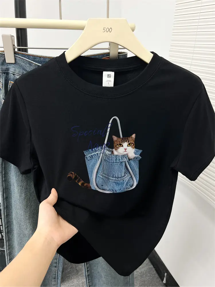 Kitten Print Round Neck Short-Sleeved T-Shirt for Women Summer New Korean Style Work Clothing Fashion Slim Right Shoulder Top for Small People — feature 14