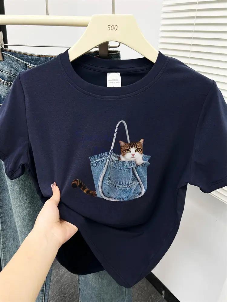 Kitten Print Round Neck Short-Sleeved T-Shirt for Women Summer New Korean Style Work Clothing Fashion Slim Right Shoulder Top for Small People — feature 15
