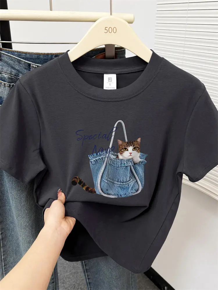 Kitten Print Round Neck Short-Sleeved T-Shirt for Women Summer New Korean Style Work Clothing Fashion Slim Right Shoulder Top for Small People — feature 16