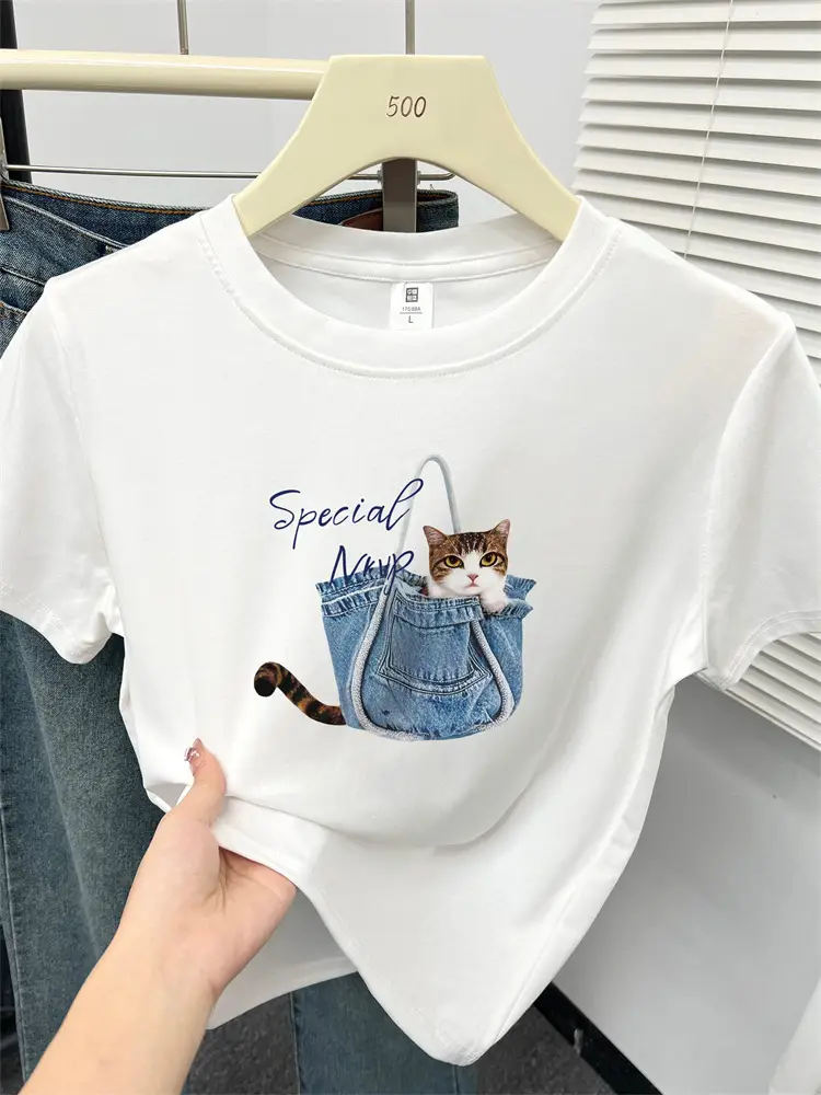 Kitten Print Round Neck Short-Sleeved T-Shirt for Women Summer New Korean Style Work Clothing Fashion Slim Right Shoulder Top for Small People — feature 7