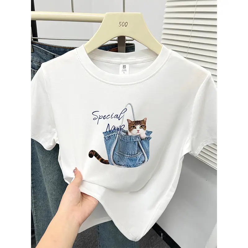Kitten Print Round Neck Short-Sleeved T-Shirt for Women Summer New Korean Style Work Clothing Fashion Slim Right Shoulder Top for Small People