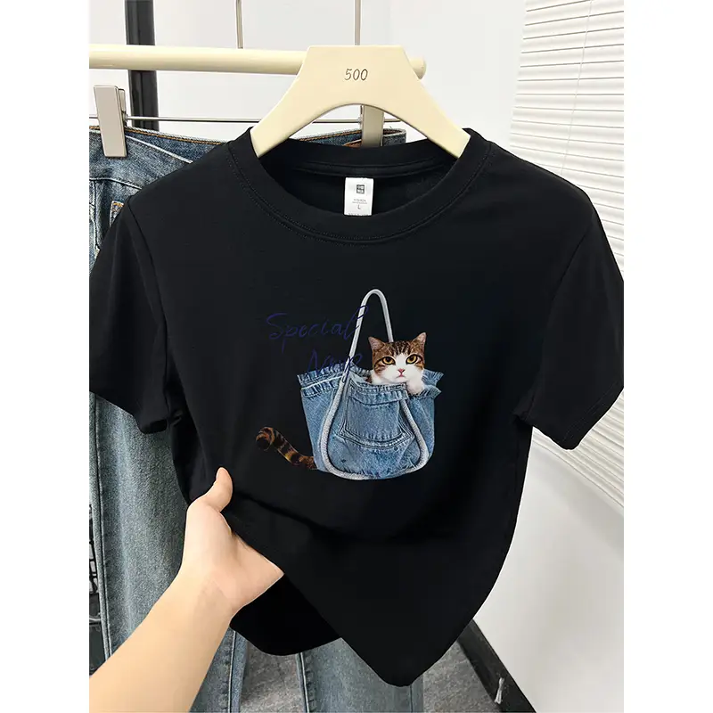 Kitten Print Round Neck Short-Sleeved T-Shirt for Women Summer New Korean Style Work Clothing Fashion Slim Right Shoulder Top for Small People