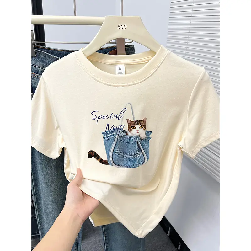 Kitten Print Round Neck Short-Sleeved T-Shirt for Women Summer New Korean Style Work Clothing Fashion Slim Right Shoulder Top for Small People