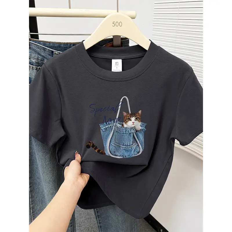 Kitten Print Round Neck Short-Sleeved T-Shirt for Women Summer New Korean Style Work Clothing Fashion Slim Right Shoulder Top for Small People